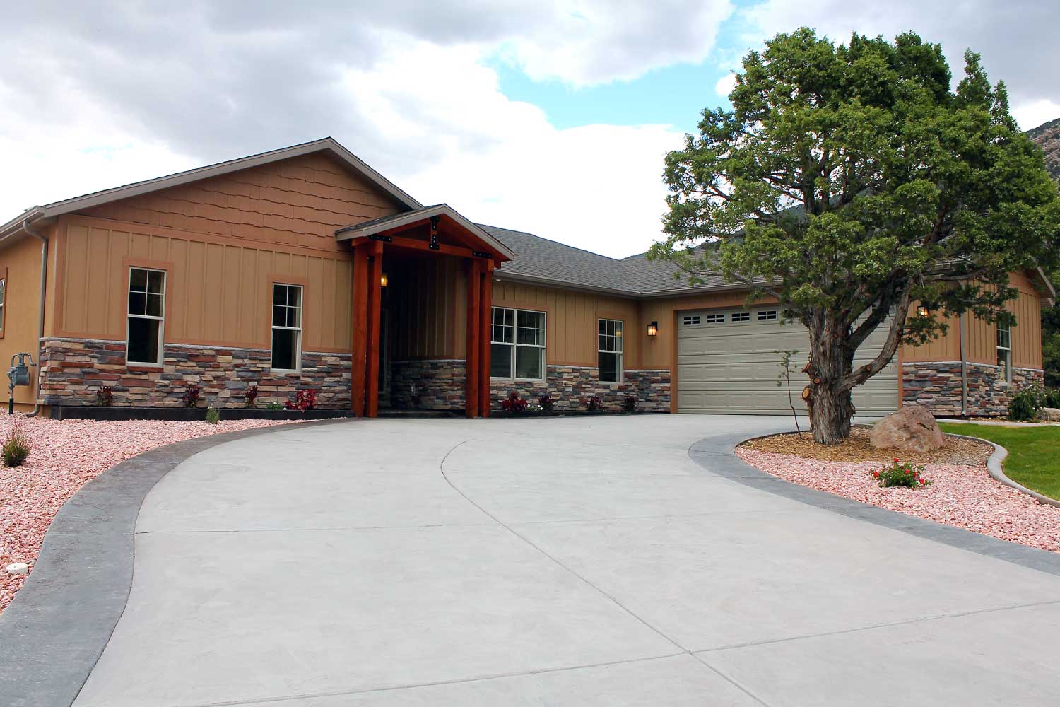 front exterior with concrete driveway, pine tree, garage door