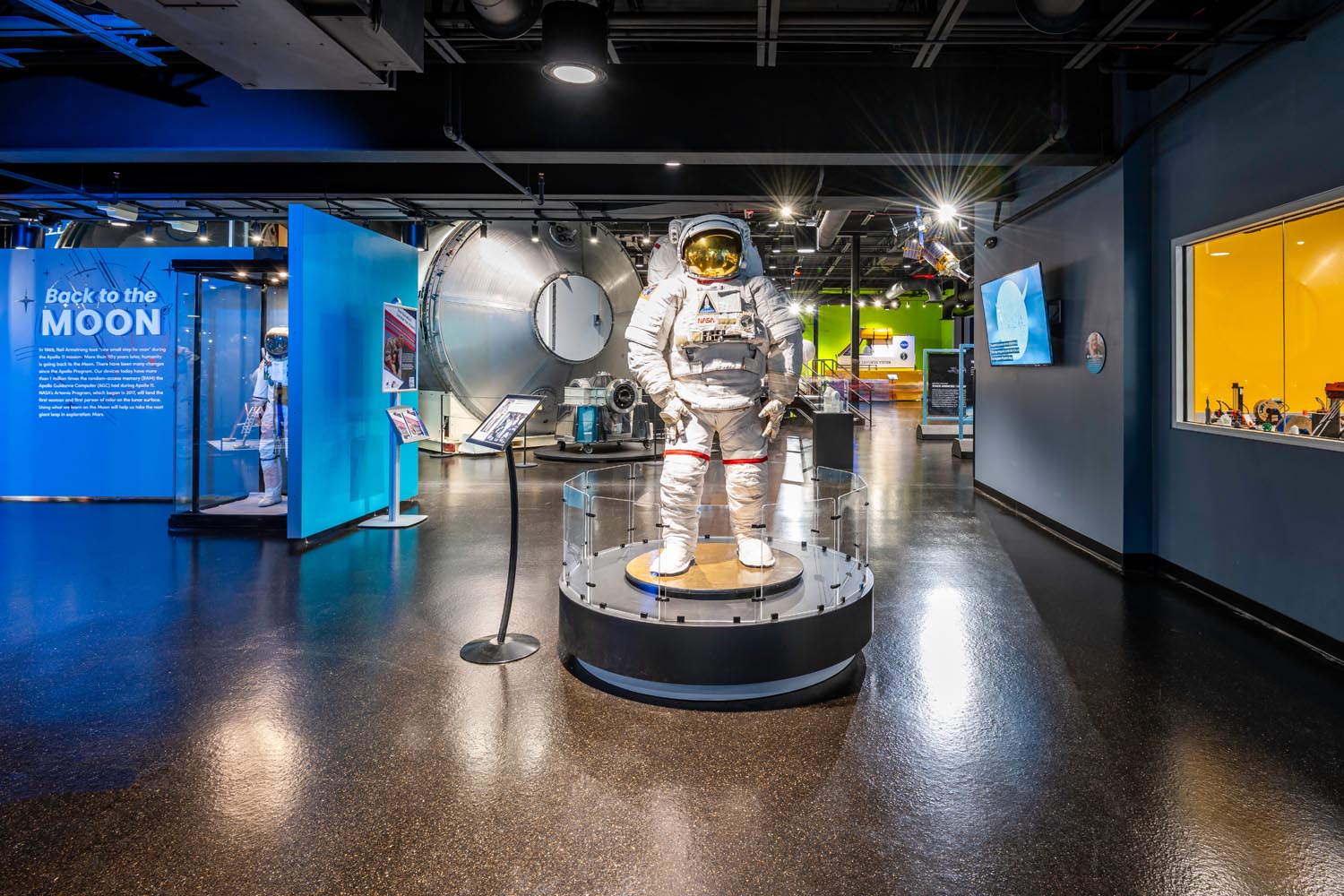 An astronaut's space suit on display at the Back to the Moon exhibit