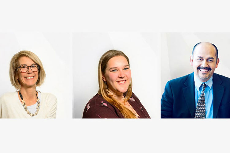 Three individual professional headshots of MOA ARCHITECTURE team members — two women and one man — smiling against a plain white background.
