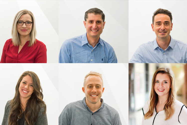 Six individual headshots of MOA ARCHITECTURE staff members smiling against a light neutral background, featured in the firm’s 2020 staff announcements.