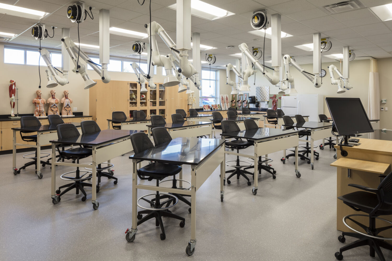 Lab classroom with rows of movable lab tables and swivel stools, overhead fume extraction arms, wood cabinetry with storage, anatomical models on display, and large windows providing natural light.