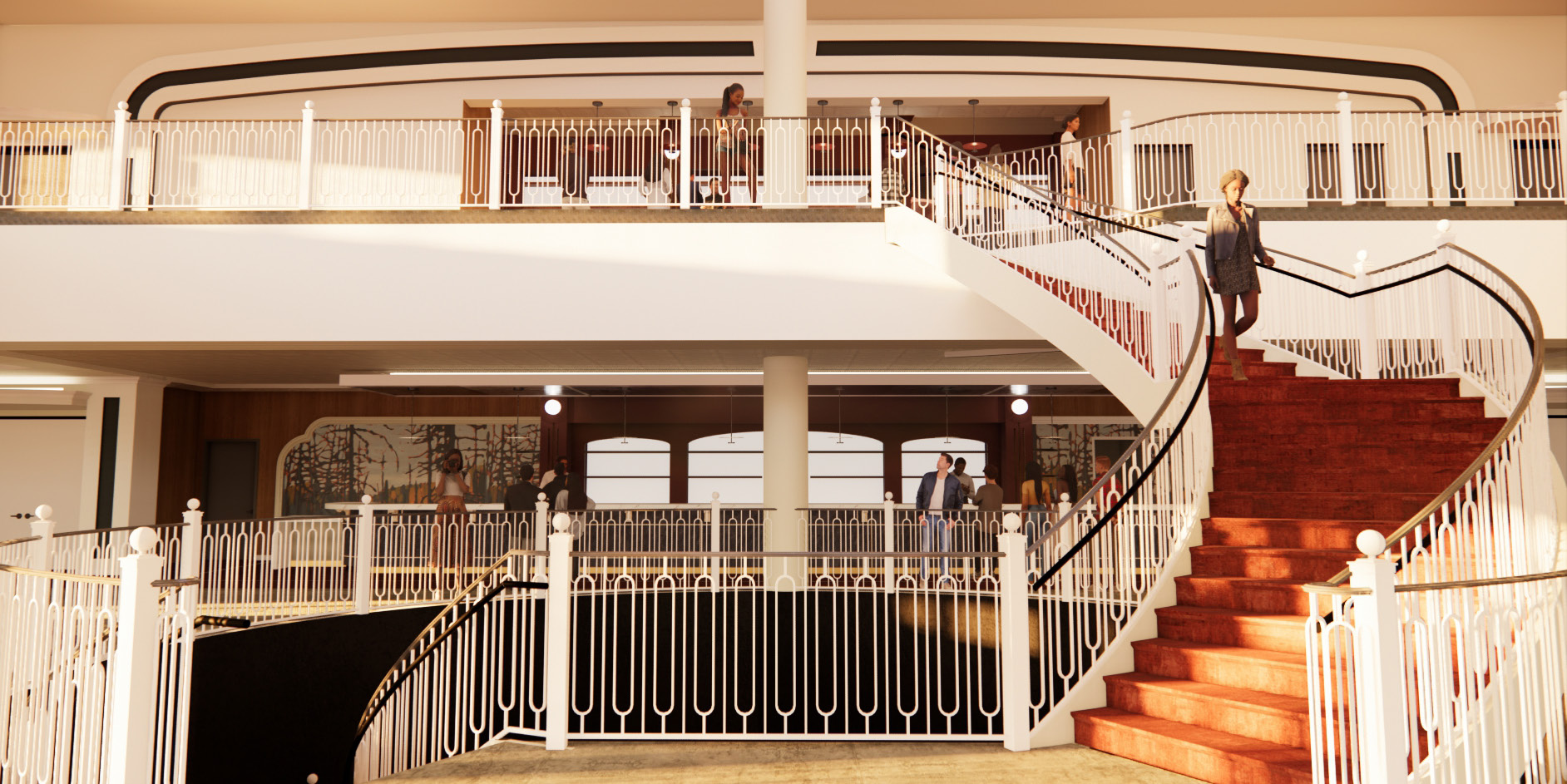 A multi‑level lobby with curved railings, a sweeping staircase, and people moving across balconies and stair landings around the open central space.