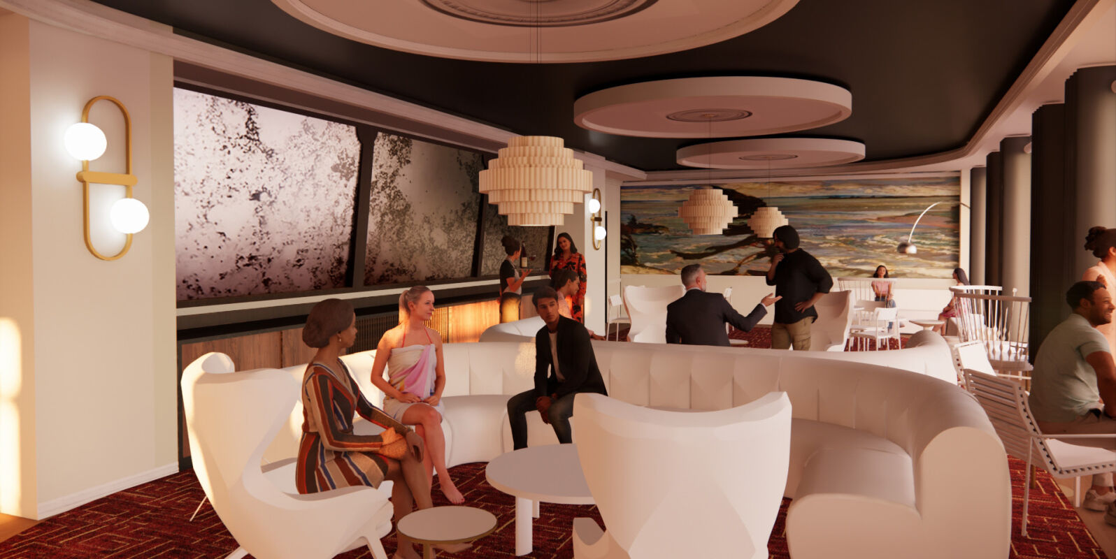A lounge with curved white seating, round tables, sculptural pendant lights, patterned carpet, and people socializing within the space.