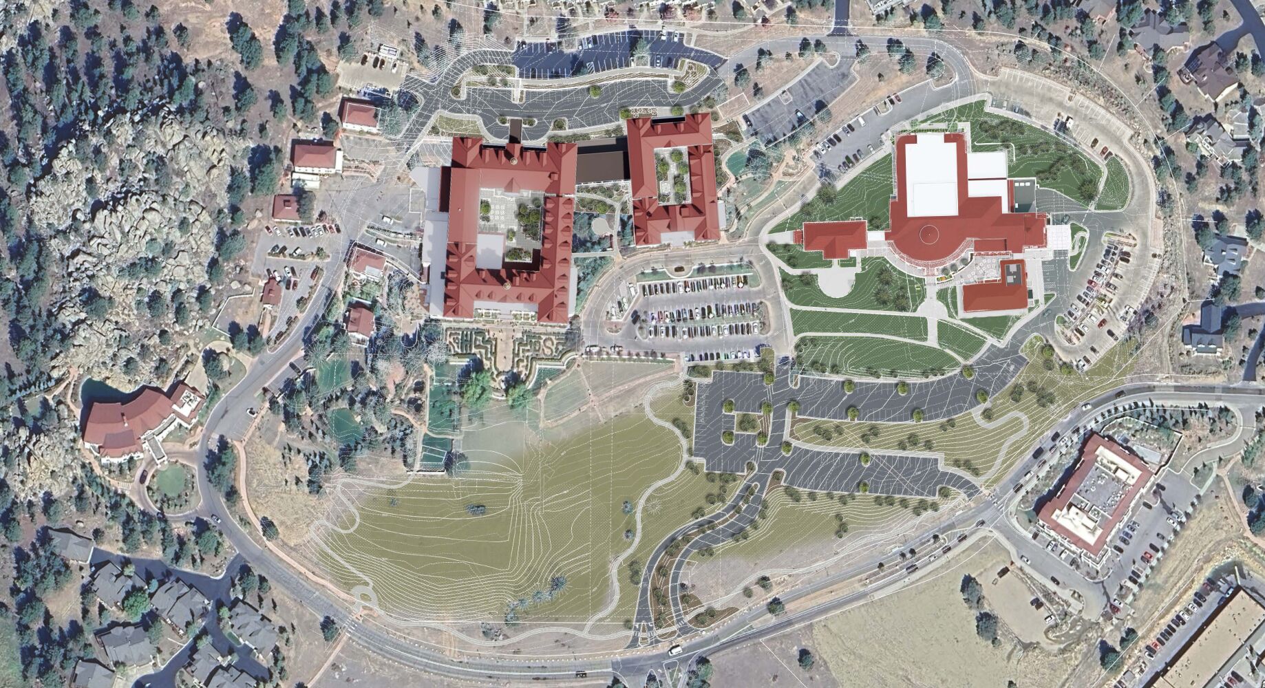 Aerial rendering of the Stanley campus with multiple red‑roofed buildings connected by roads, parking areas, pedestrian paths, and landscaped open space.