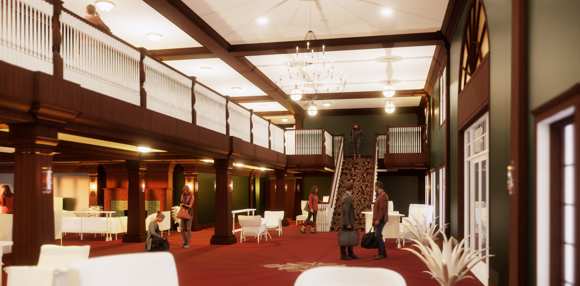 A grand hotel lobby with a central staircase, upper‑level balconies, dark wood detailing, chandeliers, and seating areas.