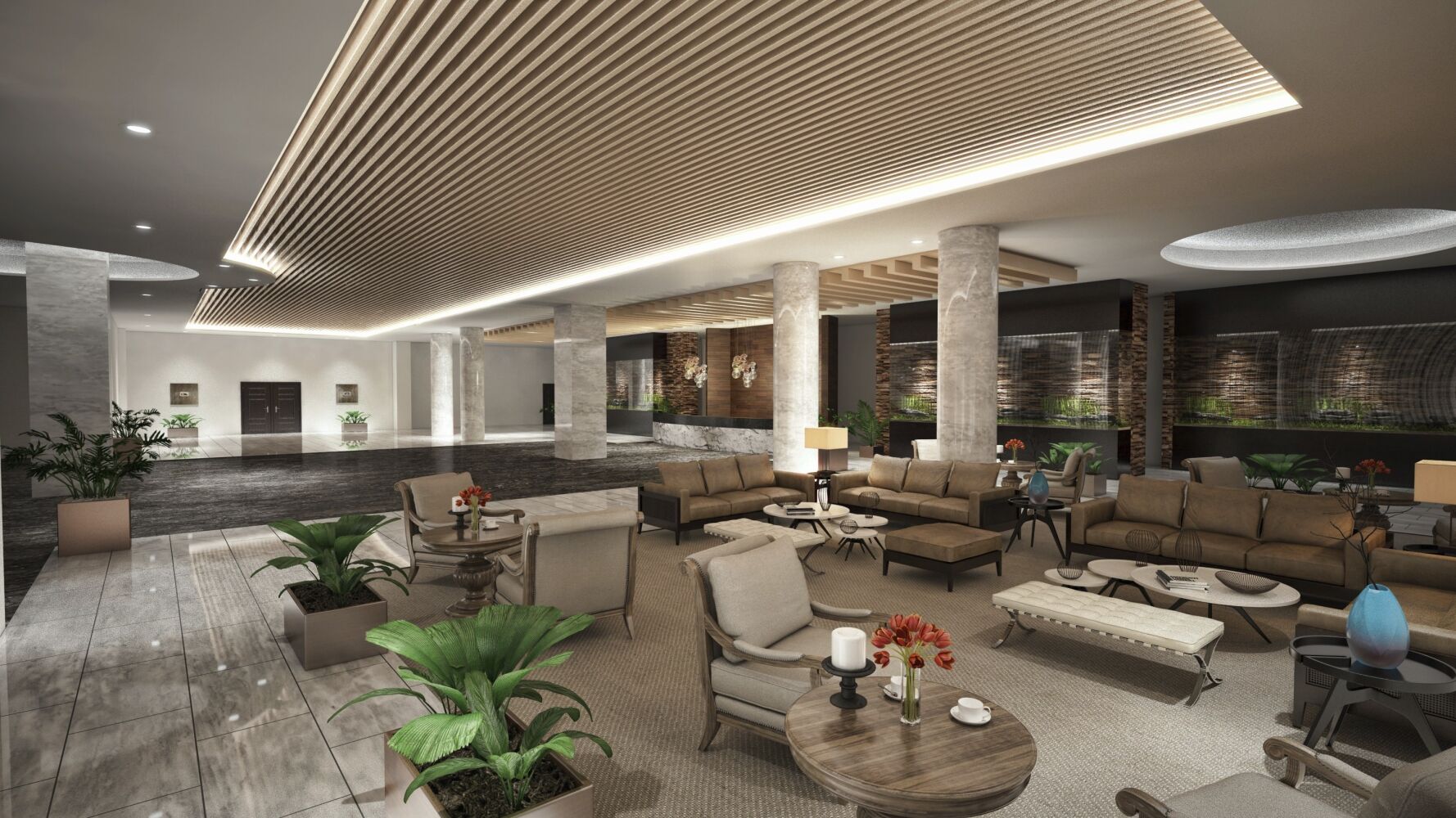 A residential lobby lounge with clustered seating arrangements, round and rectangular tables, stone columns, wood ceiling slats with integrated lighting, area rugs, and potted plants defining multiple gathering zones.