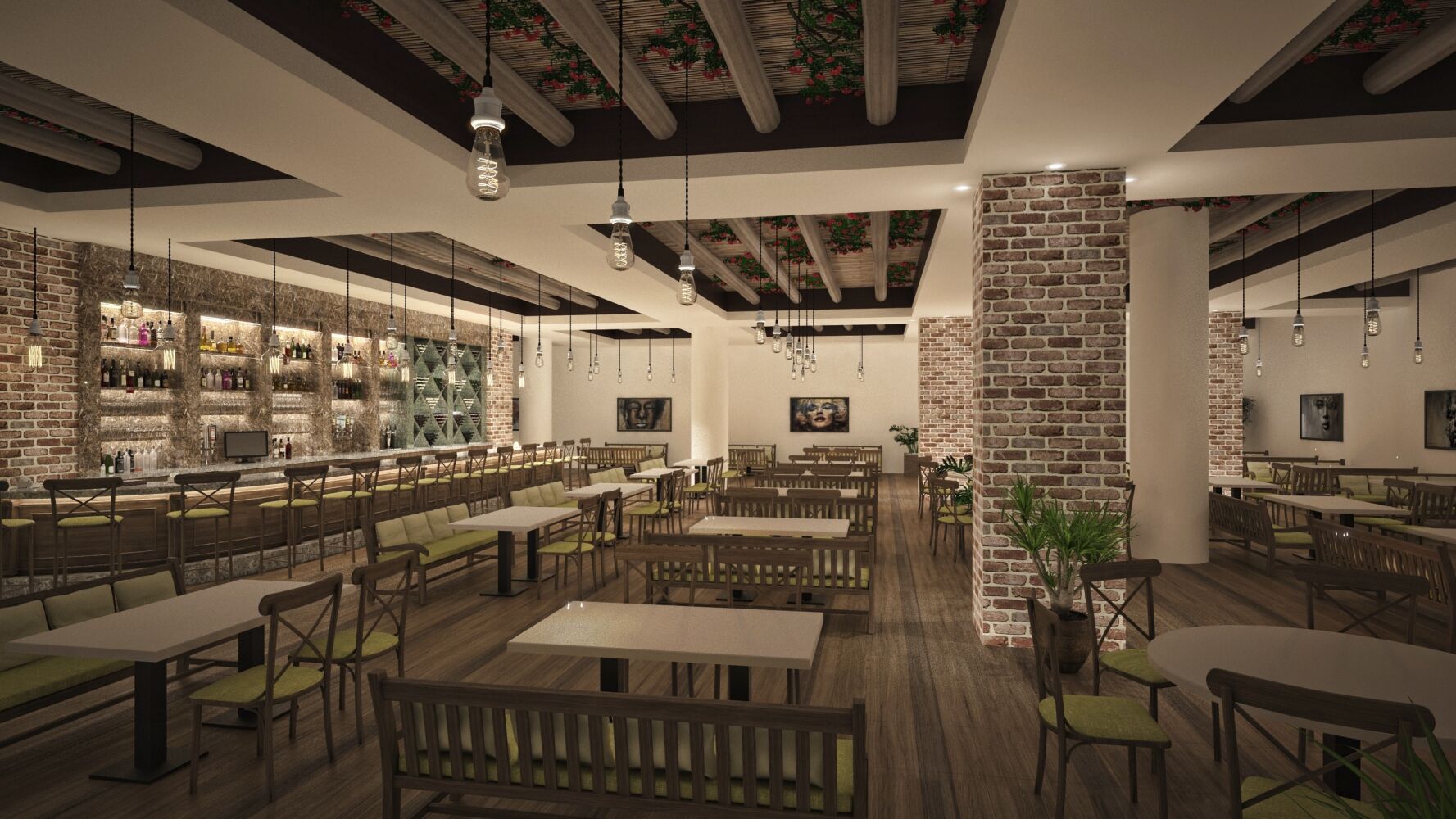 A dining and bar space with wood floors, brick columns, a long bar with high stools, dining tables arranged across the room, exposed ceiling beams with pendant lights, and decorative wall displays.
