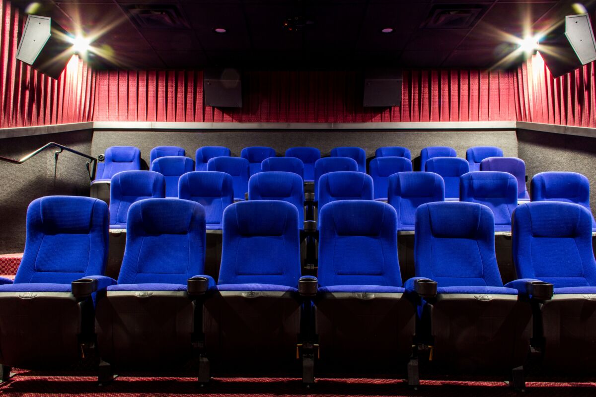 Small theater room with rows of blue upholstered seats, red patterned carpet, acoustic wall panels, and overhead lighting facing a large projection screen.
