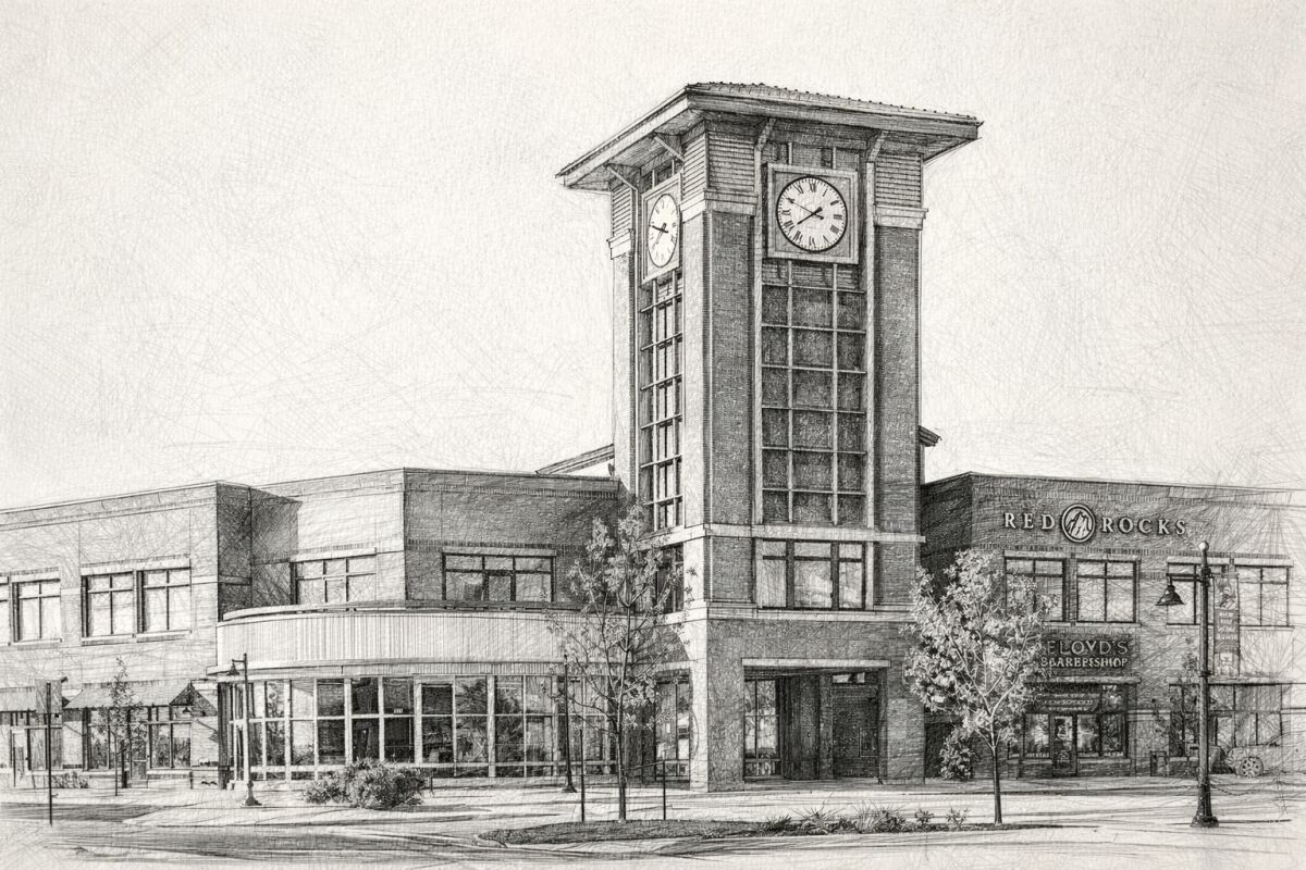 Architectural pencil sketch of a town center building with a tall clock tower, brick façades, large windows, and surrounding storefronts.