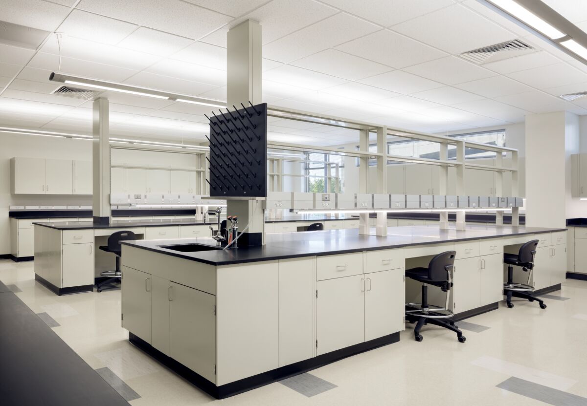 Lab bench area with casework cabinets, drying rack, stools, and overhead lighting.