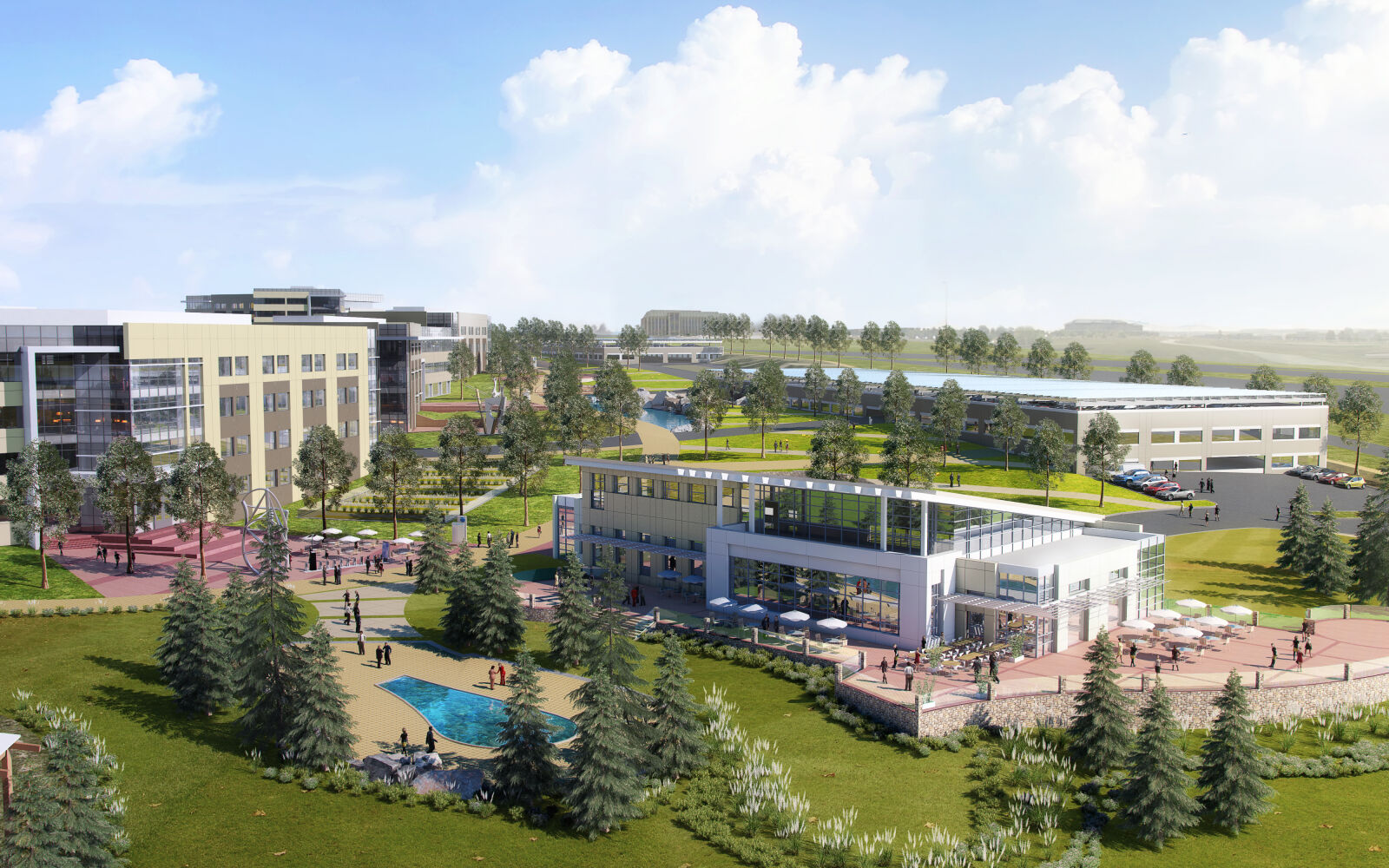Aerial rendering of a landscaped mixed‑use campus featuring modern buildings, outdoor seating areas, walking paths, and a small water feature.