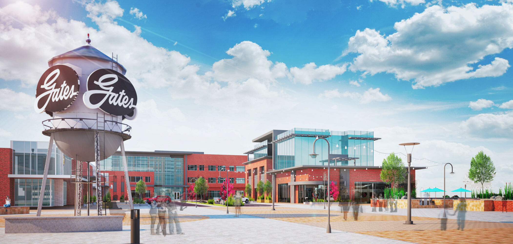 Architectural rendering of a mixed‑use plaza featuring a large water tower with “Gates” signage, brick buildings with glass façades, landscaped walkways, and pedestrian gathering areas.