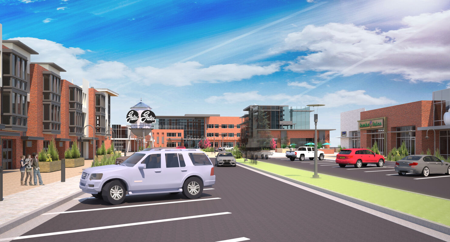 Architectural rendering of a mixed‑use district with brick and glass buildings, street‑level parking, landscaped walkways, and a prominent water tower labeled “Gates”.