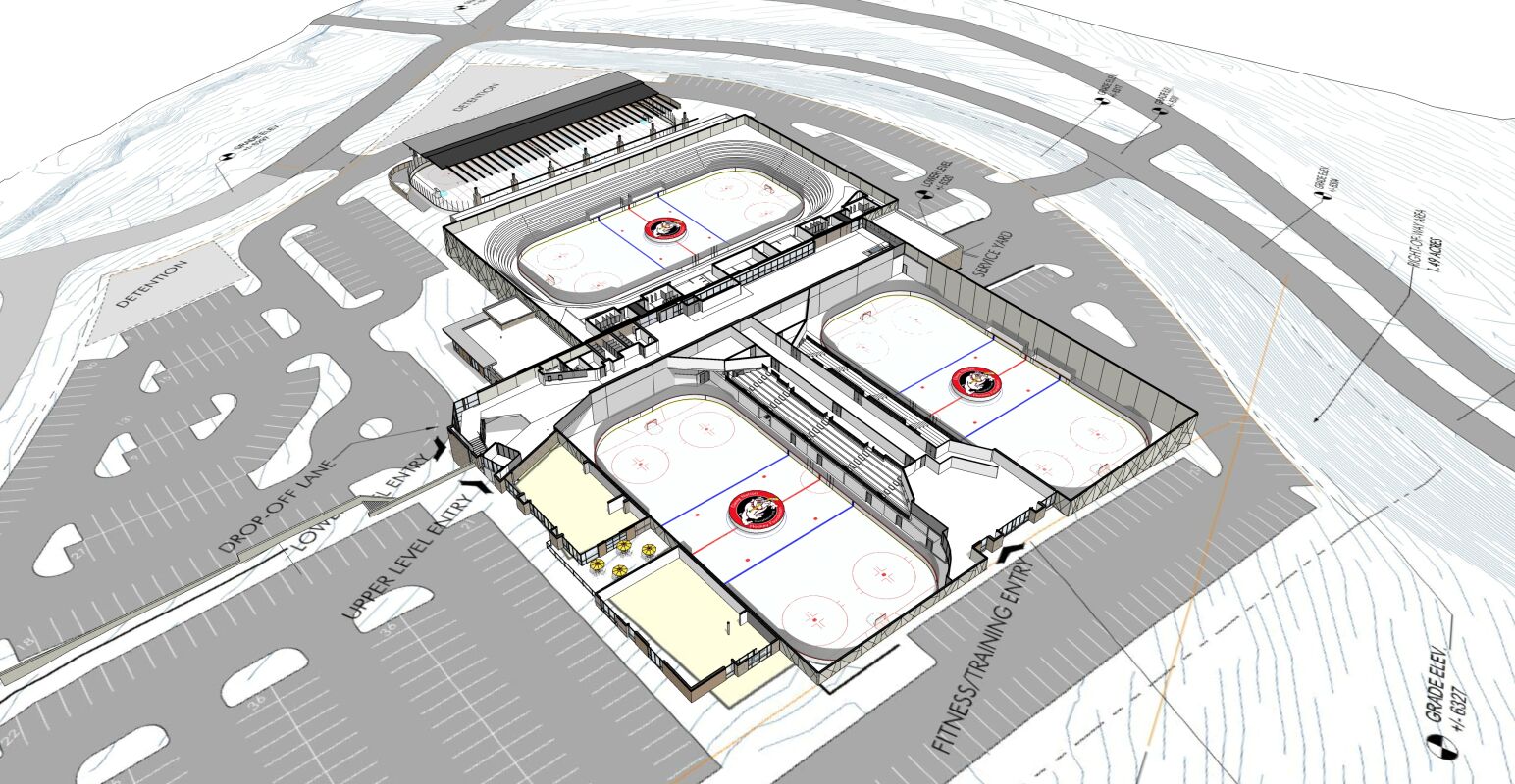 Aerial architectural rendering of an ice arena complex with two full‑size rinks, spectator seating, locker rooms, a fitness and training center, and surrounding parking lots integrated into the site layout.