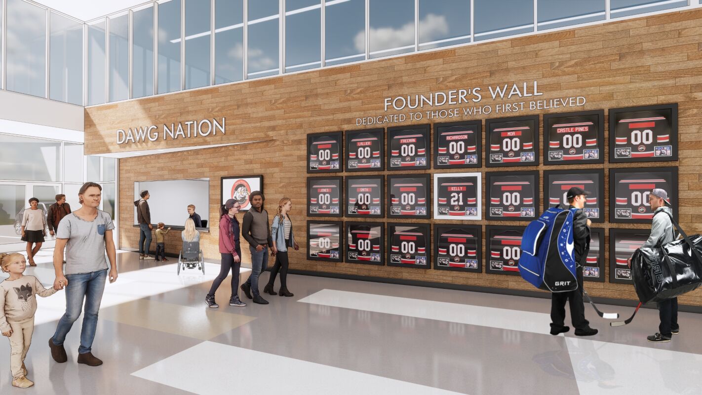 Interior rendering of an ice arena lobby featuring a “Founder’s Wall” with framed hockey jerseys, wood accent walls, large windows, and people walking through the space with hockey gear and strollers.