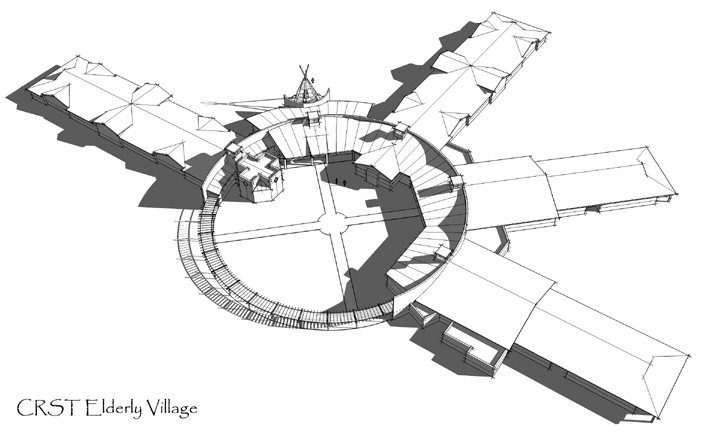Architectural rendering of a circular village layout with multiple connected wings extending outward and a central gathering structure.