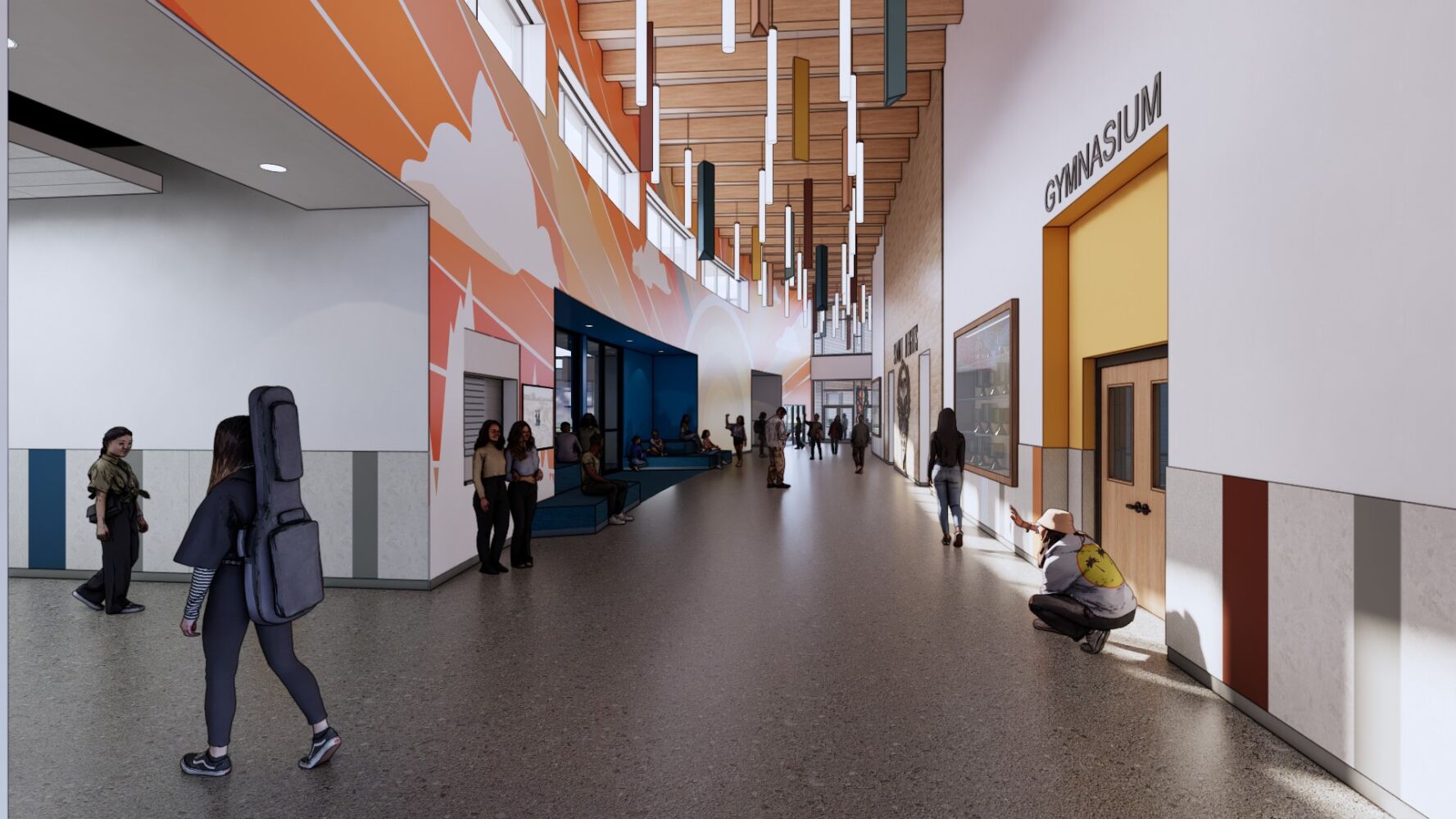 Main interior corridor with terrazzo flooring, colorful wall graphics, a wood‑slat ceiling with linear pendant lighting, built‑in seating niches, and entrances to adjacent spaces including a gymnasium.