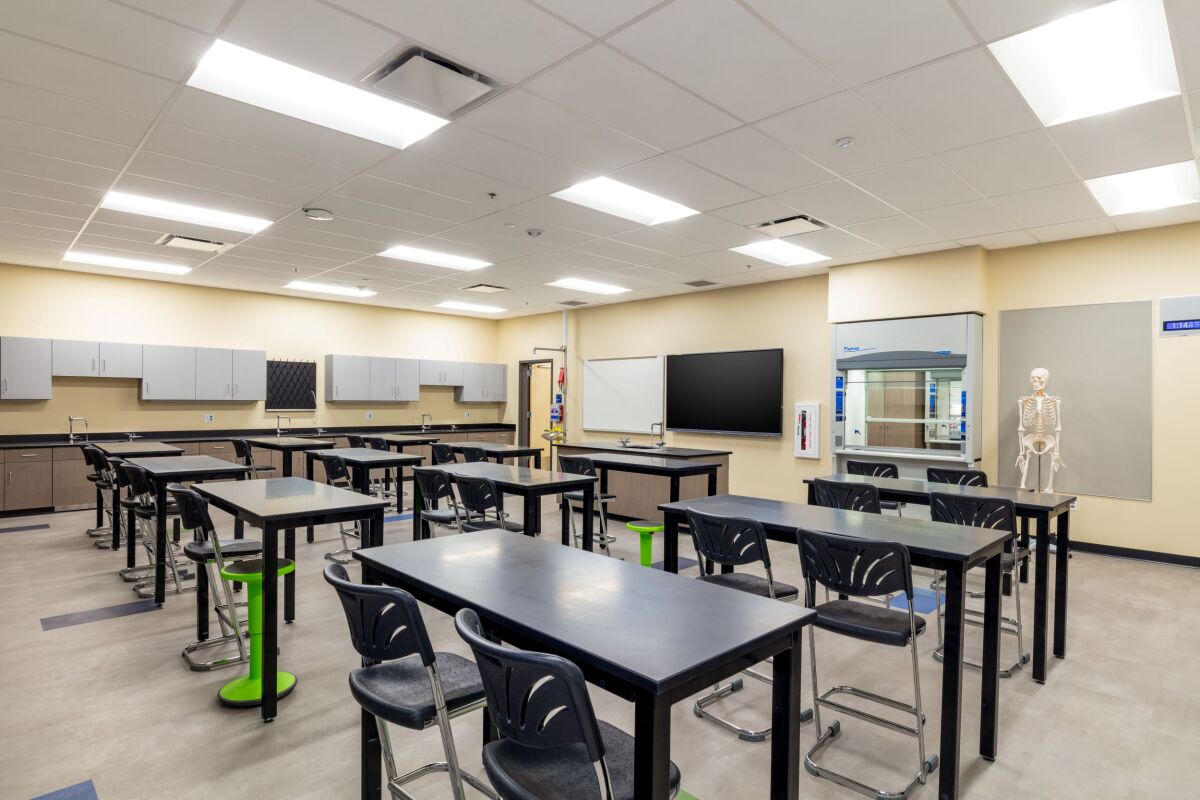 Science classroom with lab tables and stools, wall‑mounted cabinetry, demonstration counter with sink, interactive display screen, fume hood, and a life‑size anatomical model.