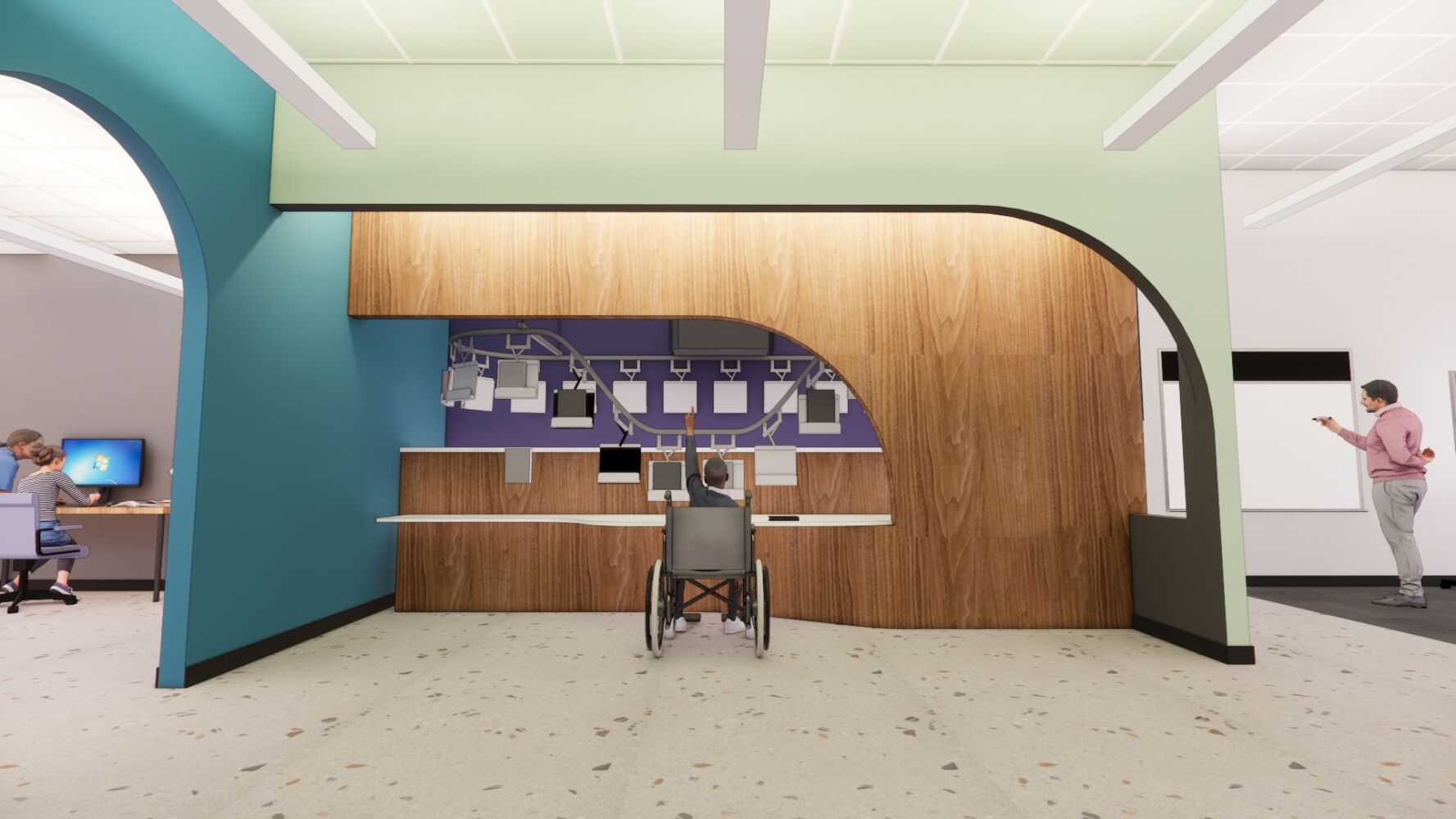 Library conveyor belt with a curved wood accent wall, built‑in sorting counter, arched openings with contrasting colors, terrazzo‑style flooring, and suspended ceiling panels with integrated lighting.