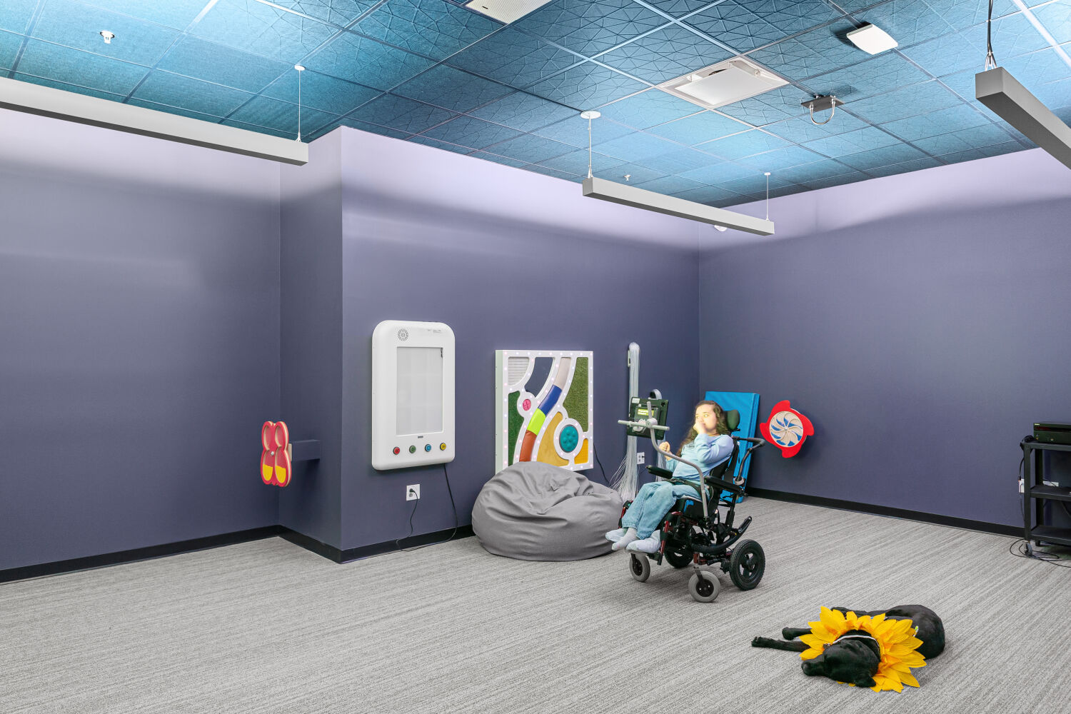 Sensory room with soft flooring, interactive wall panels, bean bag seating, suspended acoustic ceiling panels, and adjustable lighting for calming activities.