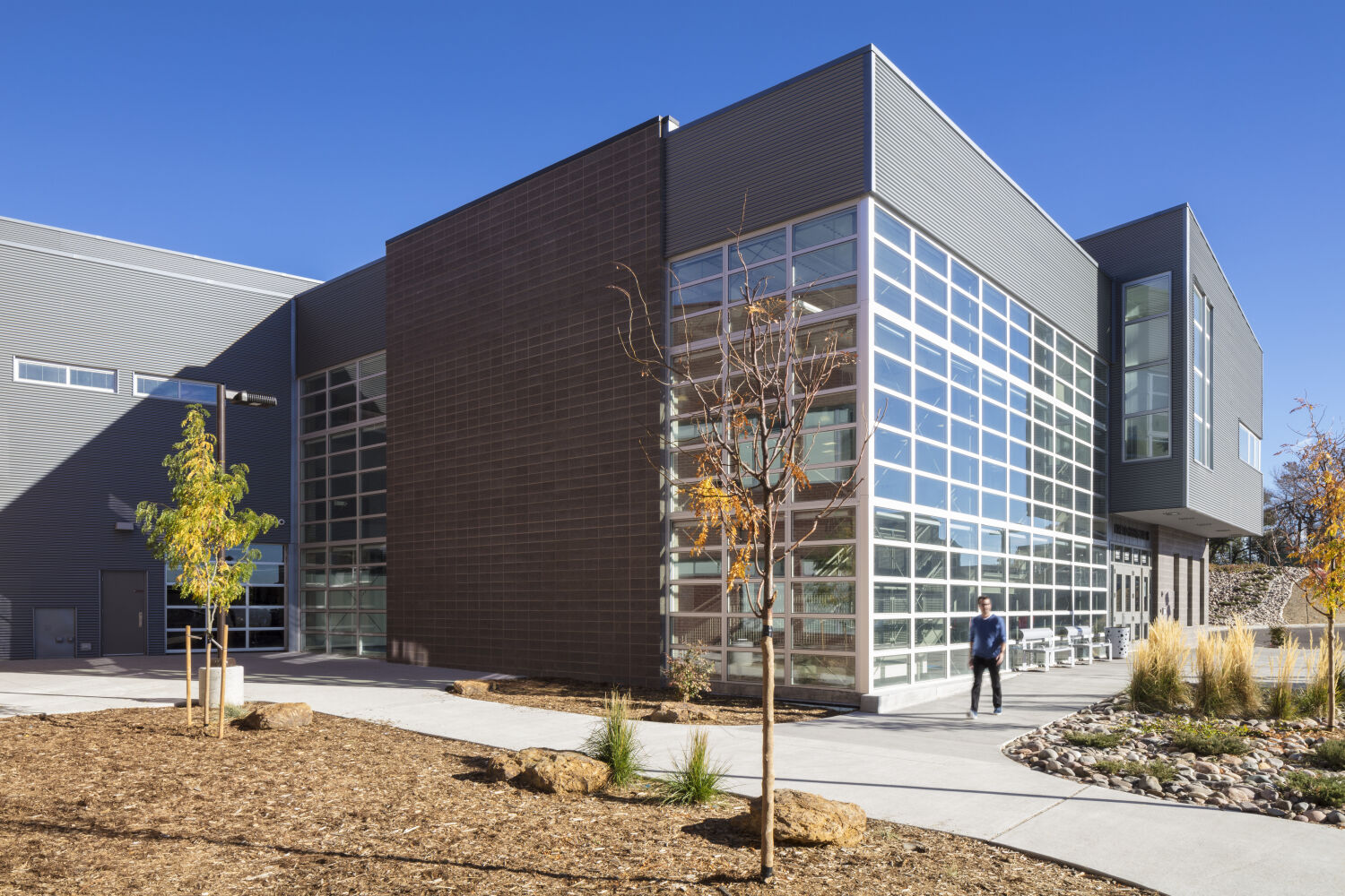 Exterior view of DSST College View Campus with gray and brown metal‑panel façades, large glass curtain wall, landscaping with young trees, and a curved walkway.