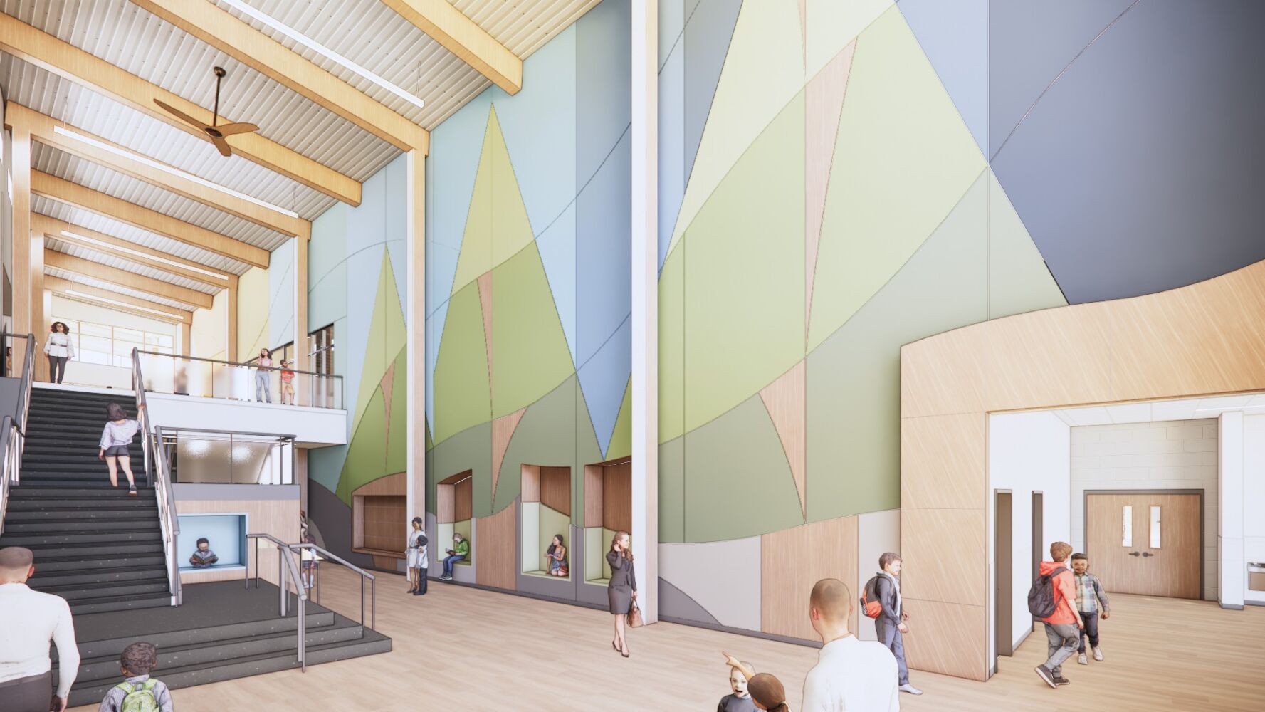Lobby with tall geometric mural walls, exposed wood ceiling beams, wide learning stairs, glass guardrails, and a wood-framed doorway.