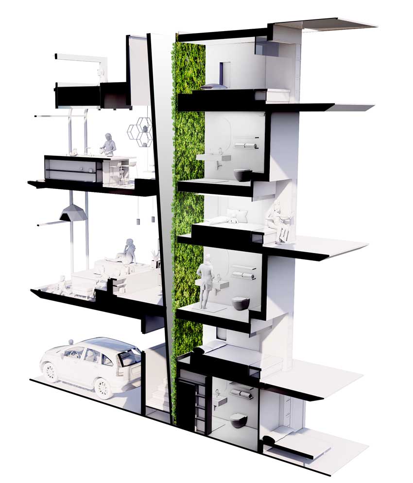 Illustration of the floors and sections of the building design.