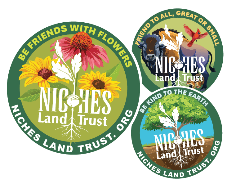 Art work of three stickers with NICHES Land Trust logo
