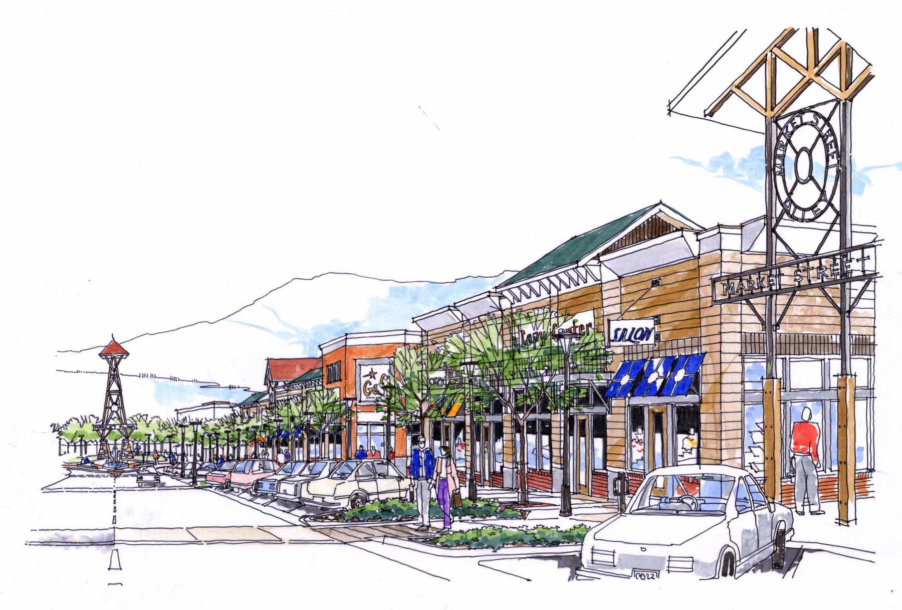 Watercolor rendering of the shopping center store fronts