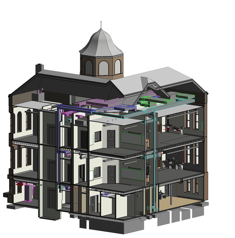 3D drawing of Mapleton School displaying the interior view of all three floors.