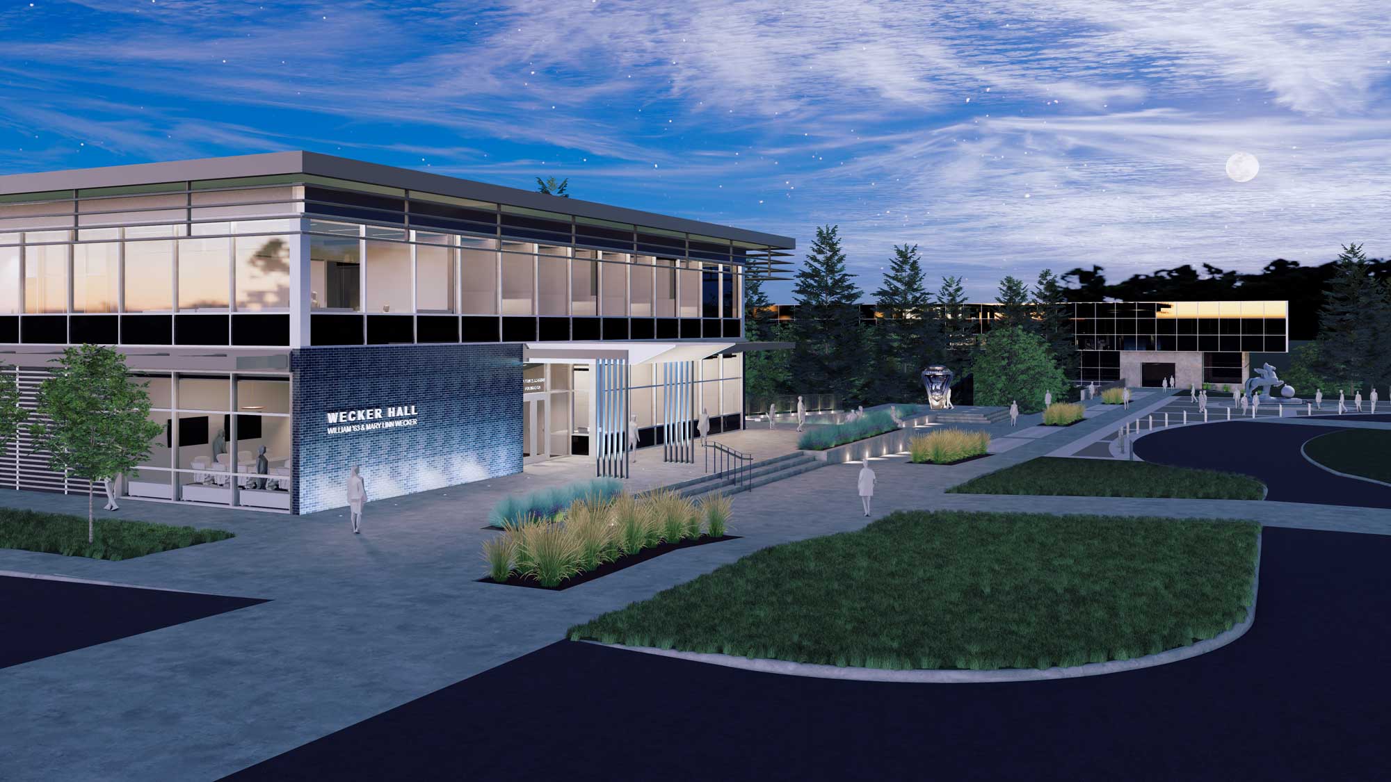 Exterior rendering of the USAFA Foundation building, showcasing a modern design with large glass windows, clean architectural lines, and a mix of stone and metal materials. The structure is set against a scenic backdrop, emphasizing innovation and prestige.