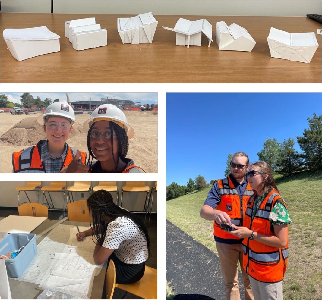 ace students on job site, drawing, and flying a drone