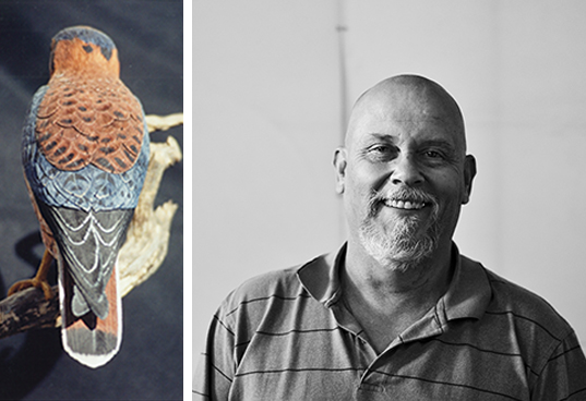 Don's headshot and a wood carving of a bird